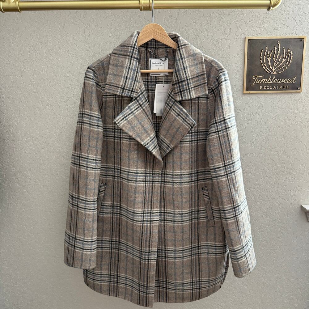 Women's‎ Belle & Bloom Brown, Black, Blue Plaid Snap Front Coat Size L NEW